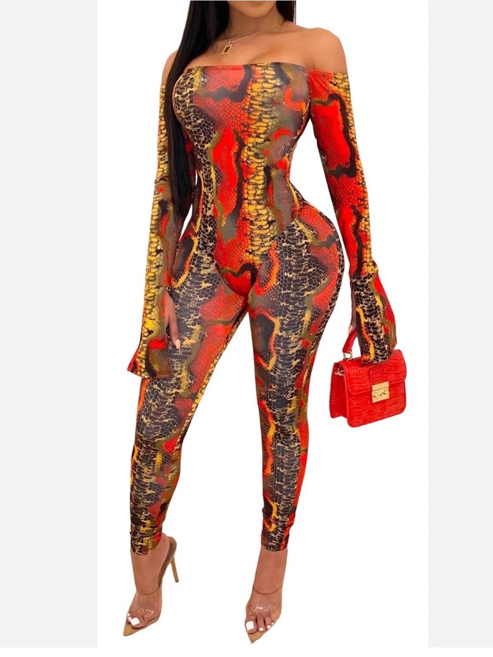 Off-Shoulder Red & Yellow Snake-Print Set